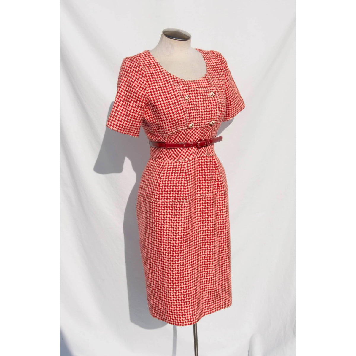 EMANUEL UNGARO Red & White Houndstooth Wool Dress | Size M/L - theREMODA
