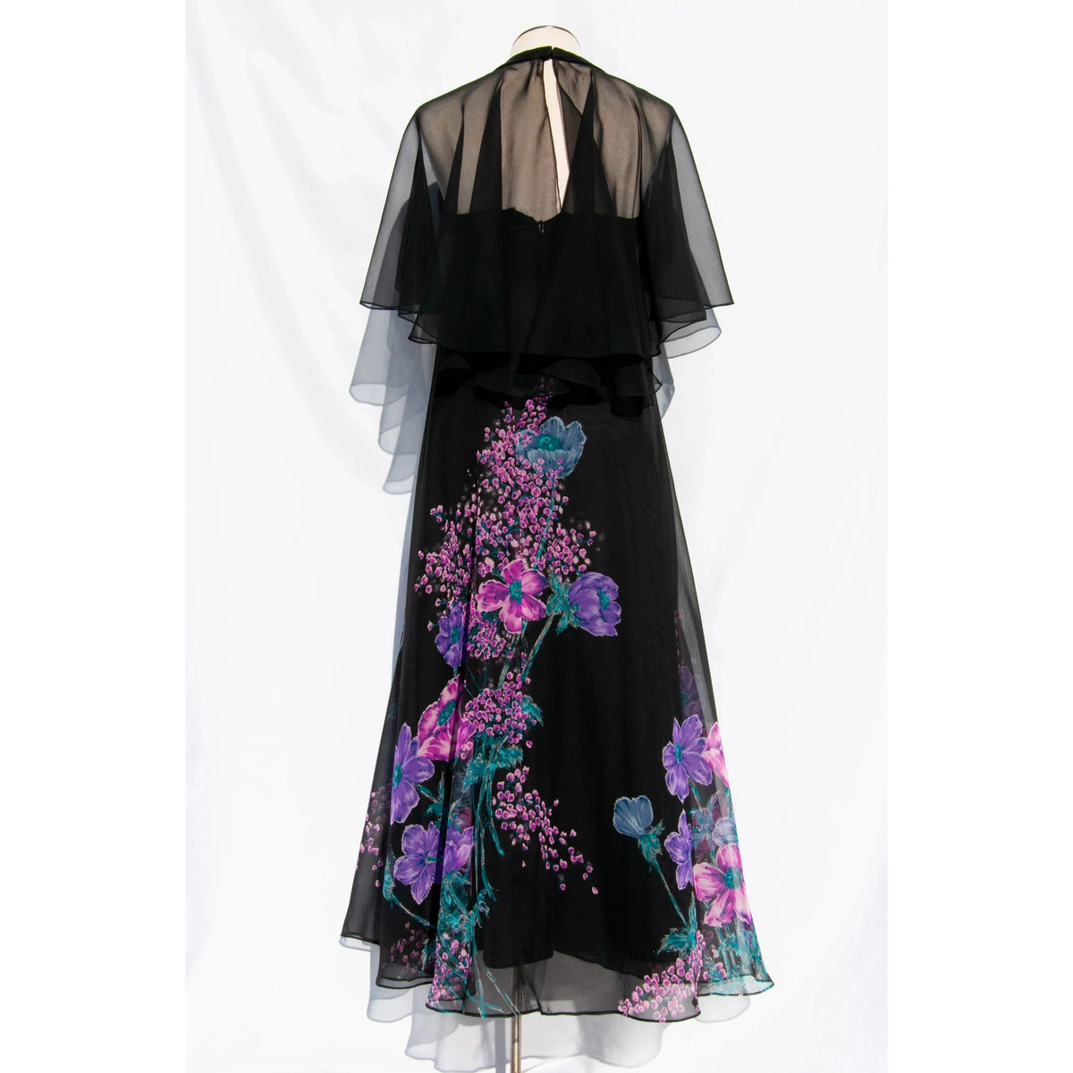 I.MAGNIN 1970s Purple and Black Floral Cape Sleeve Dress | XS - theREMODA