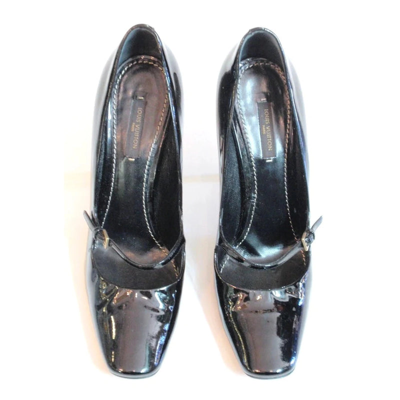 Pre- owned LOUIS VUITTON Slick Black Patent Leather Square Toe Cut Out Buckle Vamp Heel | Size 39.5 - US 8.5-9 - theREMODA