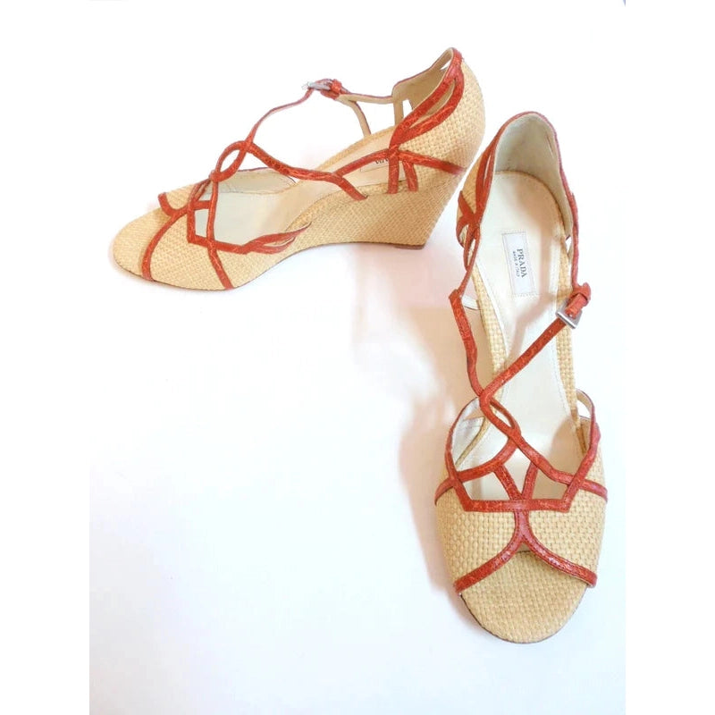 Pre-owned PRADA Woven Straw w/ Orange T-Strap Wedge Sandal | Size 39 - US 8 - theREMODA