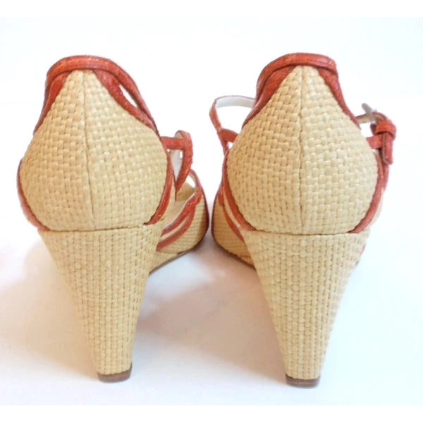 Pre-owned PRADA Woven Straw w/ Orange T-Strap Wedge Sandal | Size 39 - US 8 - theREMODA