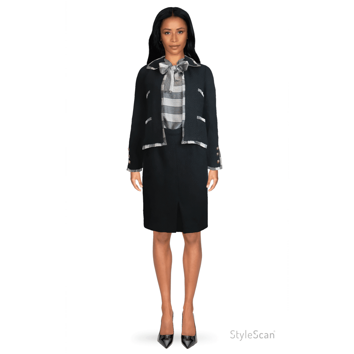 Pre-loved  CHANEL Black Boucle w/ Stripes and Gold Accents Skirt Suit (5PC) Circa 1990s | Size 34 - theREMODA