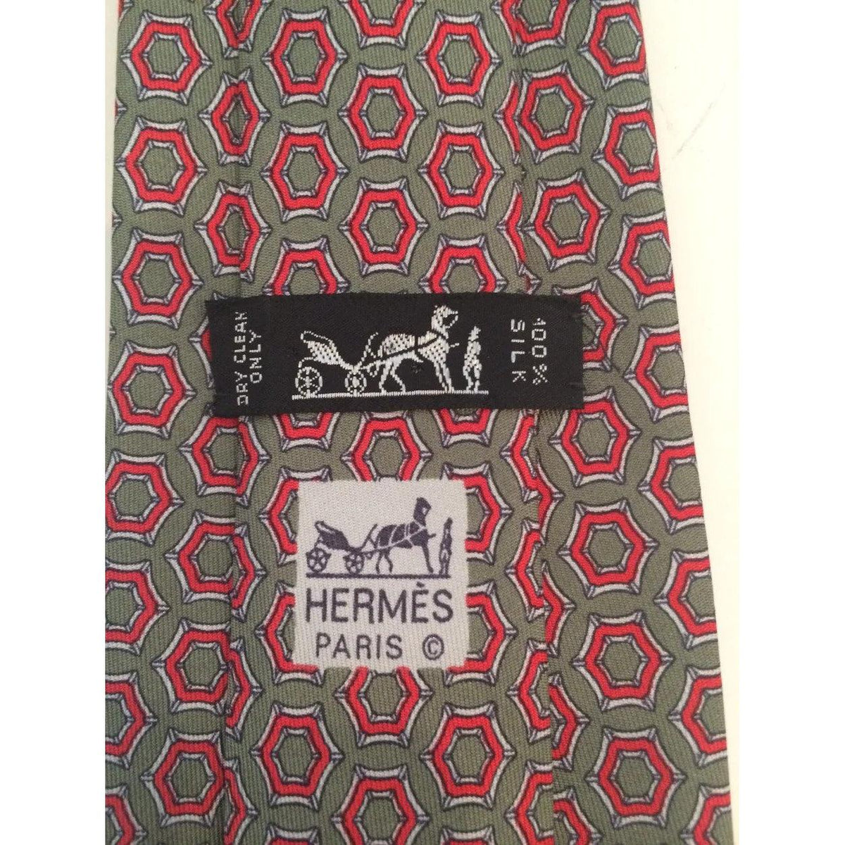 Pre-loved HERMES Sage Multi-color Silk Neck Tie Red White Equestrian Print - theREMODA