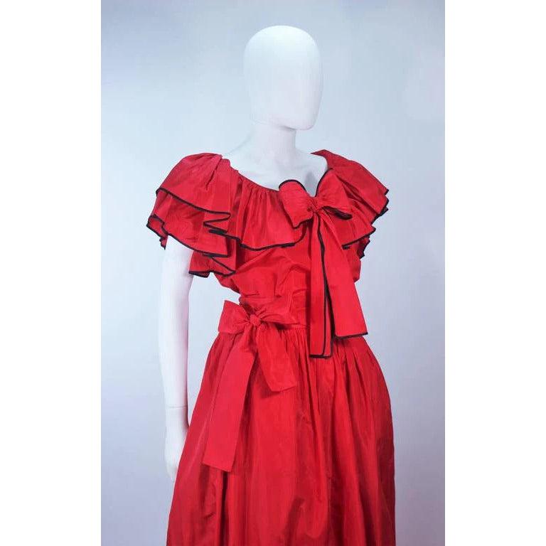 Pre-loved   YVES SAINT LAURENT 1970s 2 pc Red Satin Ruffled Skirt Set - theREMODA