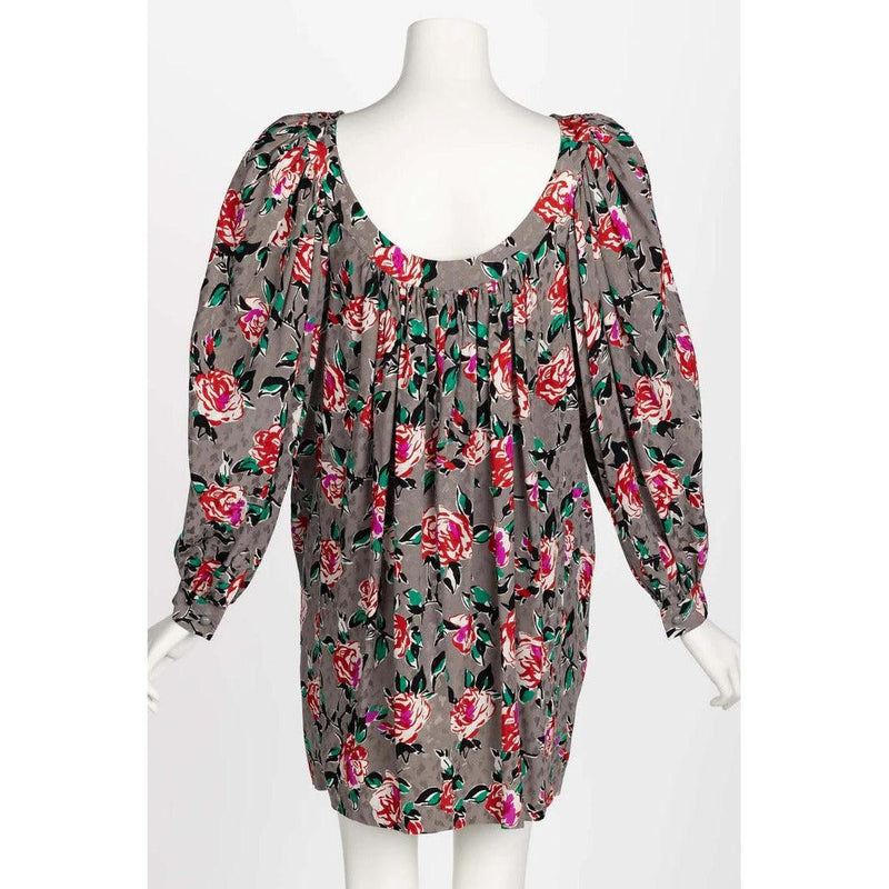 Pre-loved YVES SAINT LAURENT Floral Silk Long Sleeve Mini Dress Ysl, 1980s - theREMODA
