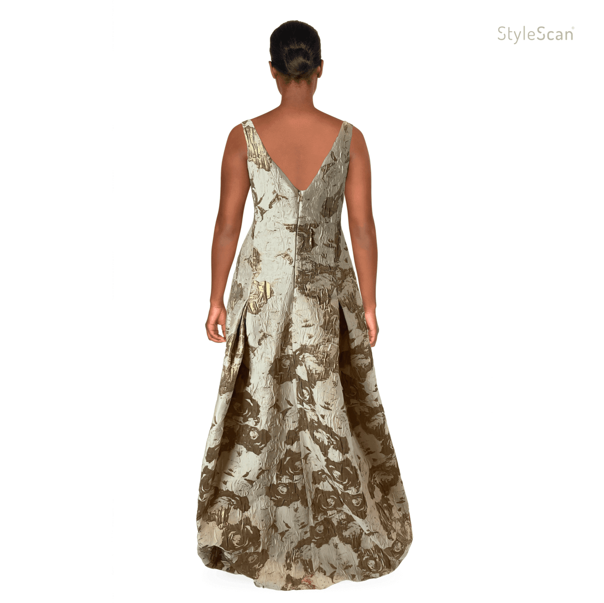 Pre-Owned AIDAN MATTOX Neutral Printed Long Gown with Gold Brocade Accents - theREMODA