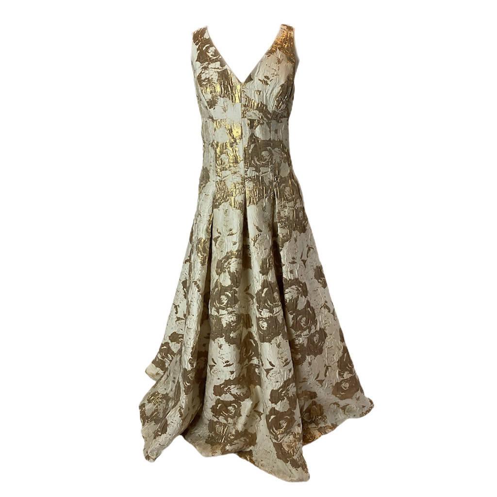 AIDAN MATTOX Neutral Printed Long Gown with Gold Brocade Accents