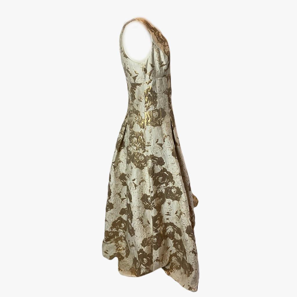 AIDAN MATTOX Neutral Printed Long Gown with Gold Brocade Accents