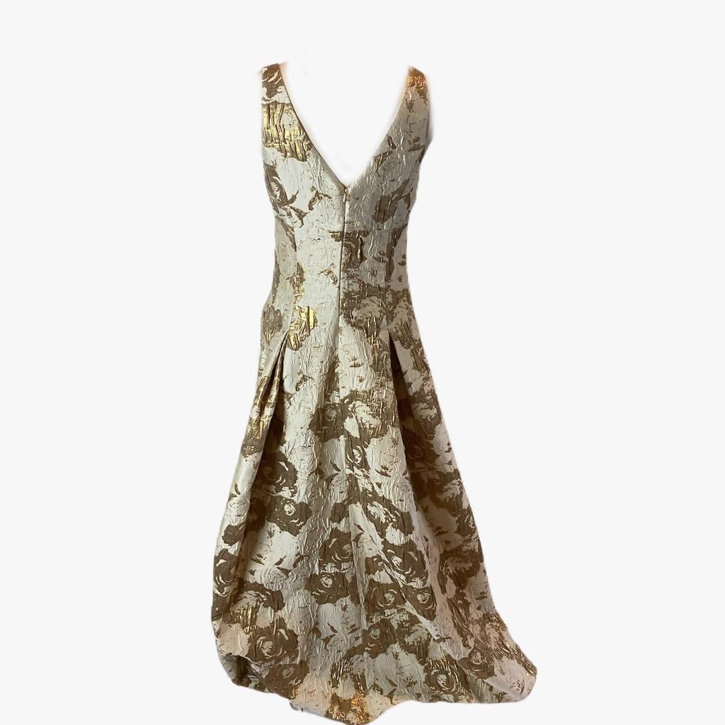 AIDAN MATTOX Neutral Printed Long Gown with Gold Brocade Accents