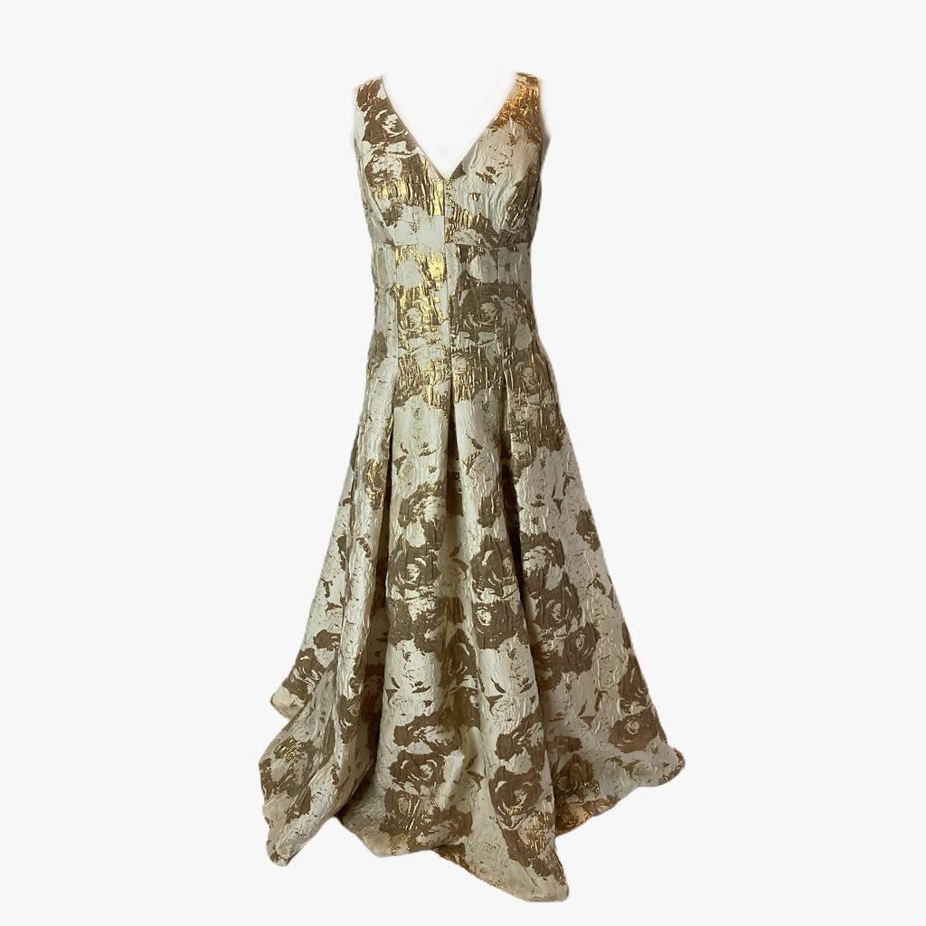 AIDAN MATTOX Neutral Printed Long Gown with Gold Brocade Accents