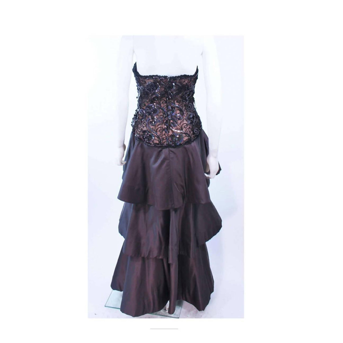 Pre-Owned ARNOLD SCAASI 1980's Black Lace Sequin Tiered Gown | US 4/6 - theREMODA