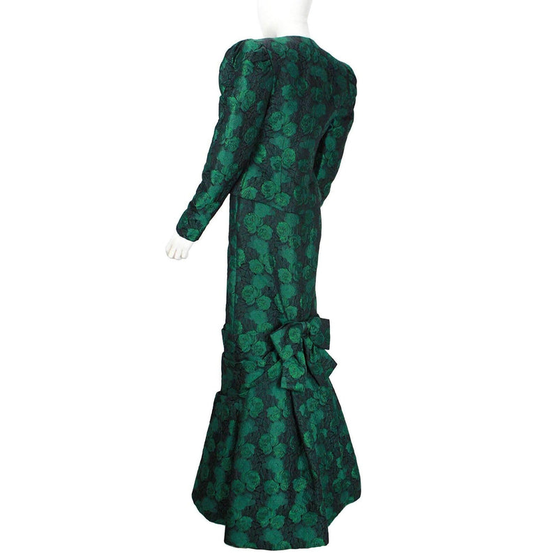 Pre-Owned ARNOLD SCAASI 1980's Dark Green Floral Brocade Gown with Jacket | Size 8 - theREMODA