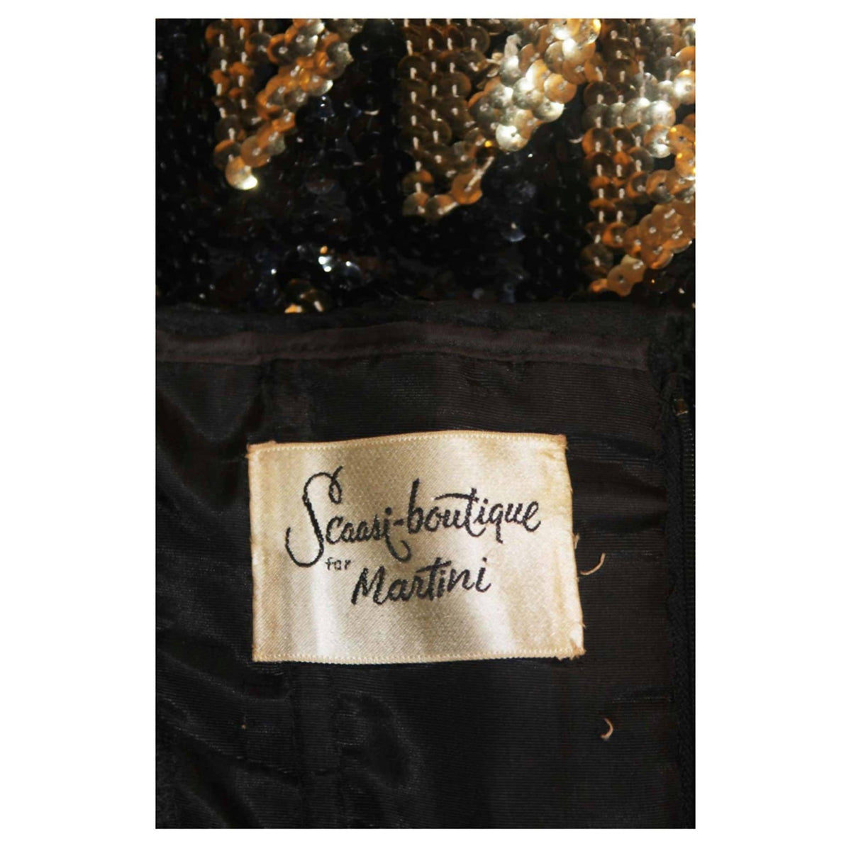 Pre-Owned ARNOLD SCAASI Strapless Black and Gold Knit Sequin Gown | Size US 2-4 - theREMODA