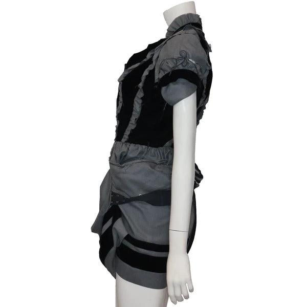 Pre-Owned BALENCIAGA Grey Wool & Black Velvet Deconstructed Dress w/ Zippers Circa 1990s - theREMODA