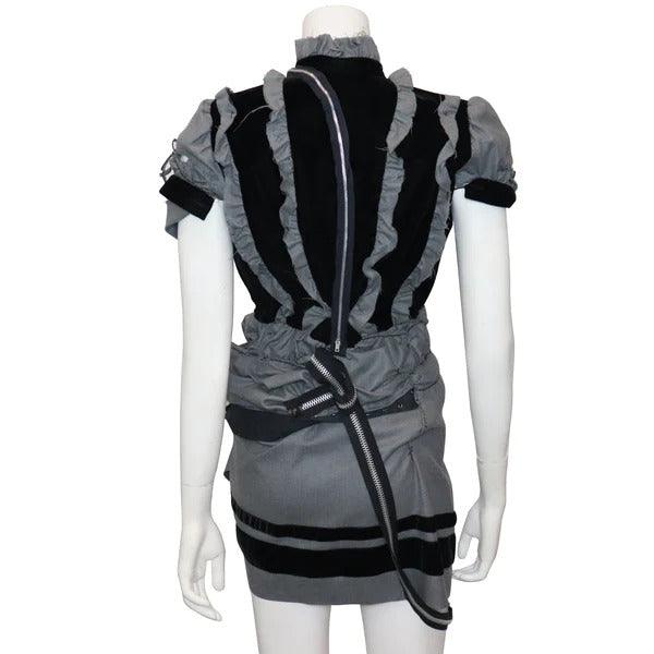 Pre-Owned BALENCIAGA Grey Wool & Black Velvet Deconstructed Dress w/ Zippers Circa 1990s - theREMODA