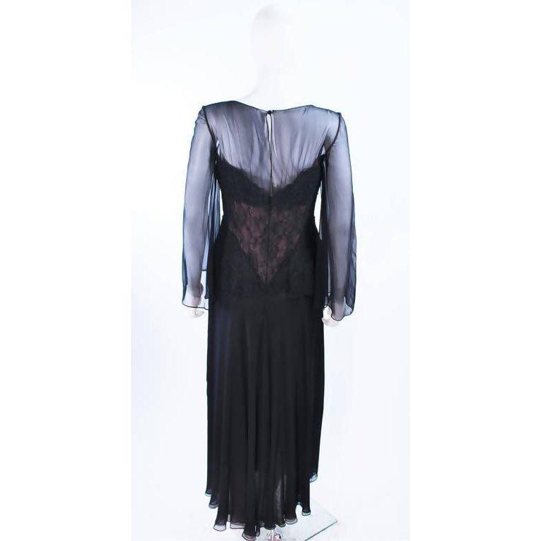 Pre-Owned BILL BLASS Black Lace Chiffon Gown with Nude Undergarment | US 10-12 - theREMODA