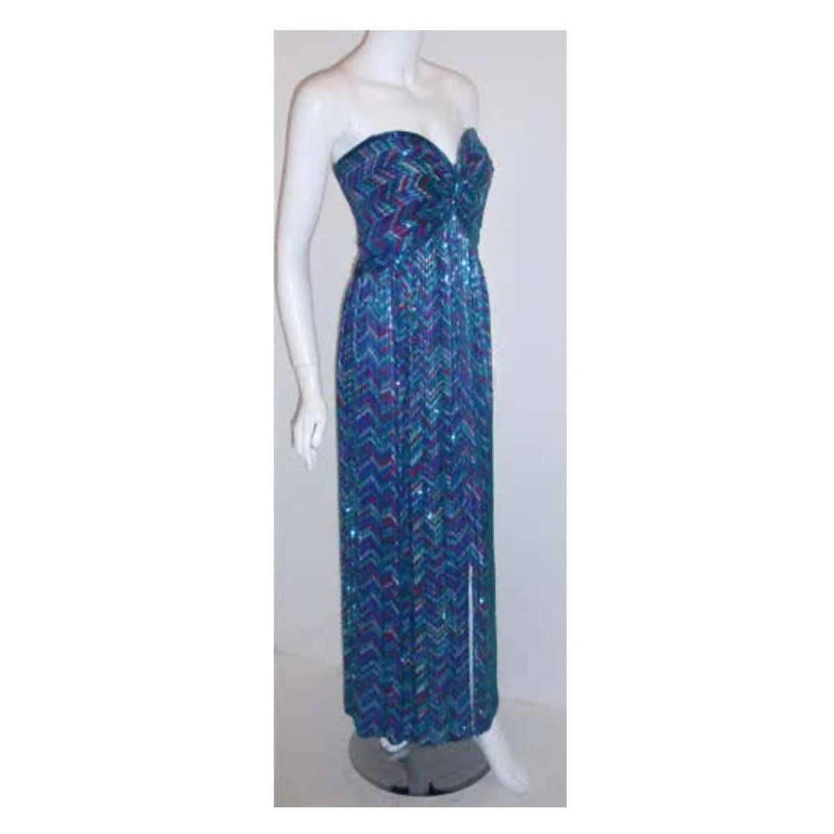 Pre-Owned BOB MACKIE 1980's Blue Strapless Beaded Gown | Size S - theREMODA