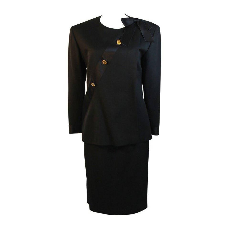 CHANEL 1990's Black Wool Silk Ribbon Jacket and Skirt Suit