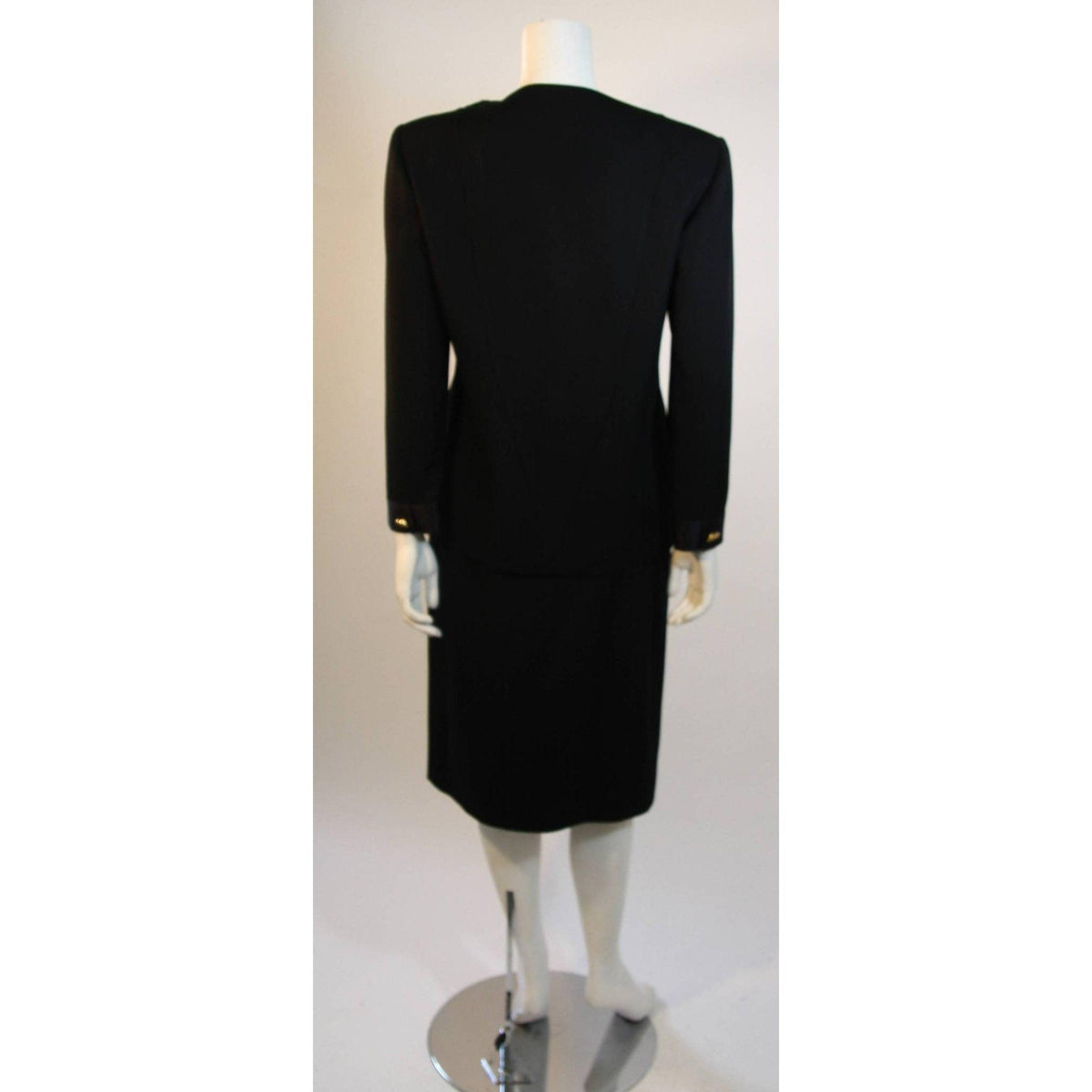Chanel 1990's Black Wool Silk Ribbon Jacket and Skirt Suit | Size FR 36