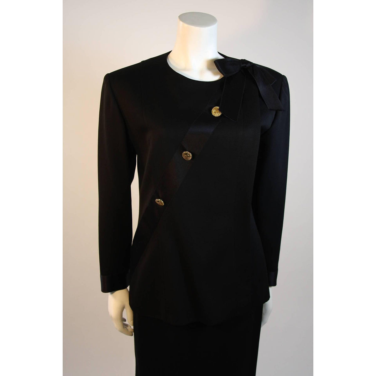 Chanel 1990's Black Wool Silk Ribbon Jacket and Skirt Suit | Size FR 36
