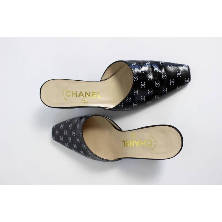 CHANEL Black and White Leather Logo Mules