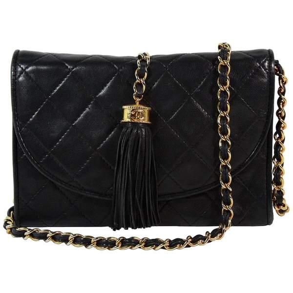 CHANEL Black Leather Quilted Crossbody Bag with Tassel