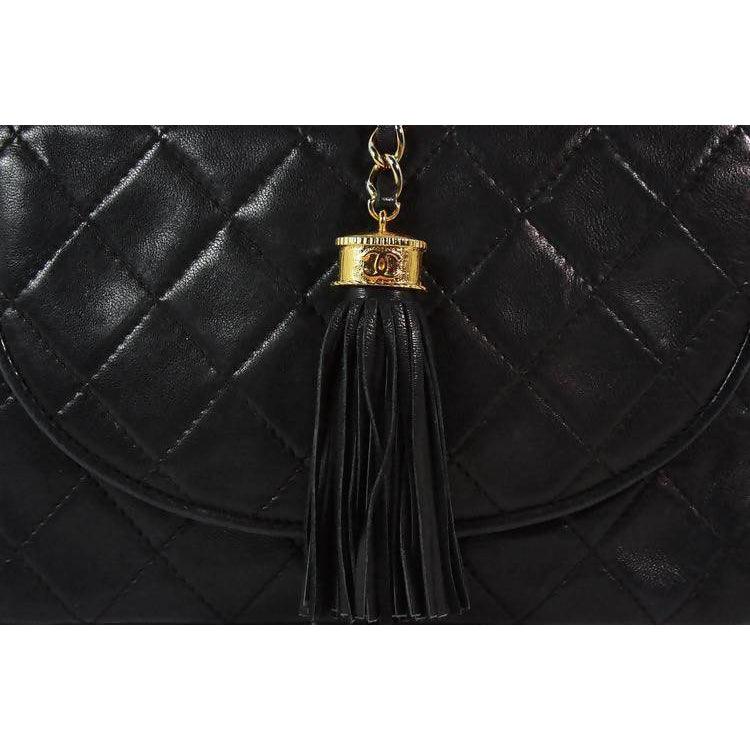 CHANEL Black Leather Quilted Crossbody Bag with Tassel