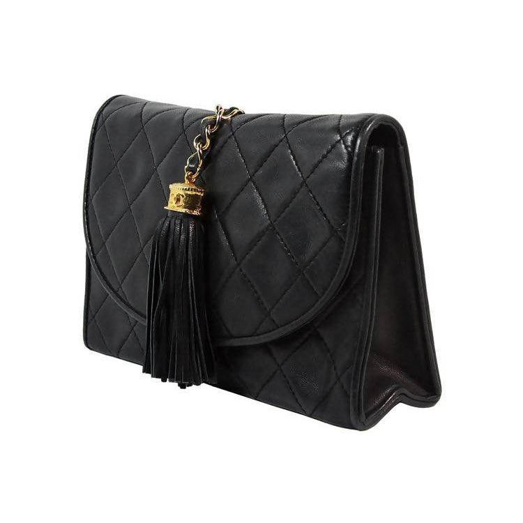 Pre-owned CHANEL Black Leather Quilted Crossbody Bag with Tassel - theREMODA