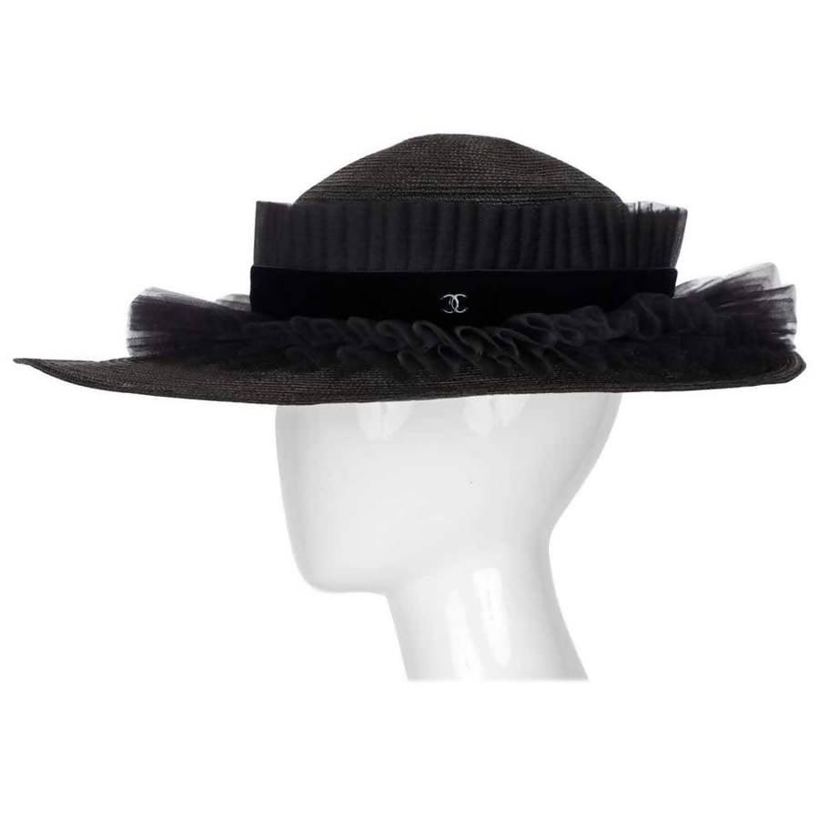 CHANEL Black Ruffle Oval Hat | Size 57