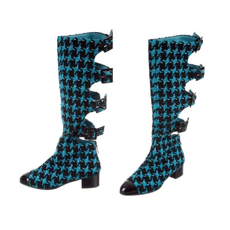 CHANEL Boots Turquoise Tweed Black Patent Leather Buckle Runway