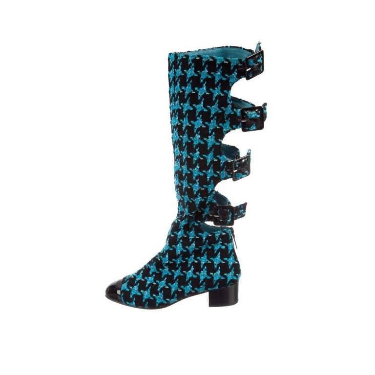 CHANEL Boots Turquoise Tweed Black Patent Leather Buckle Runway