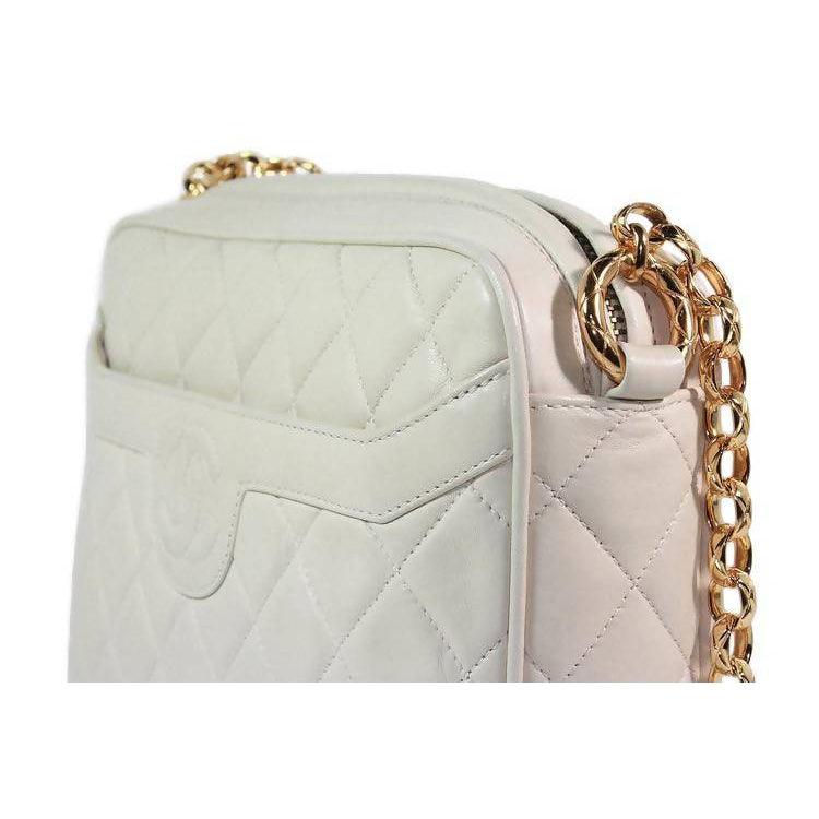 Chanel 1990s Cream Quilted Leather Camera Crossbody Bag 