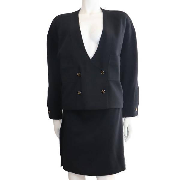 CHANEL Navy Blue Double Knit Jacket and Skirt Set | Size EU 40