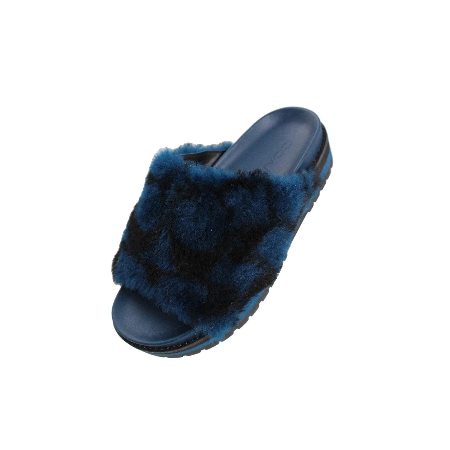 COACH Blue Monogram Fuzzy Platform Slides theREMODA