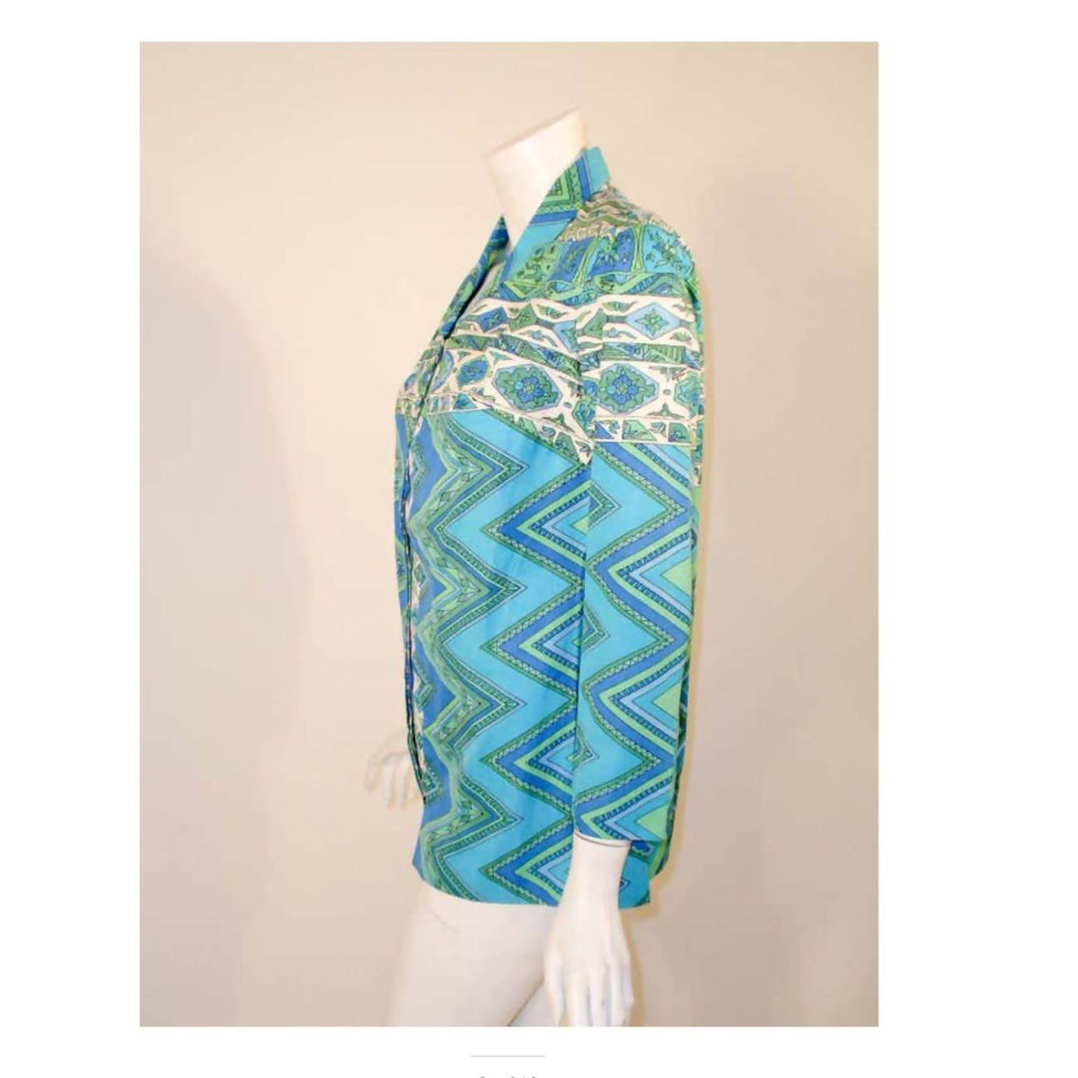 Pre-Owned EMILIO PUCCI 1970's Mint Green & White Cotton Print Jacket | US 12 - theREMODA
