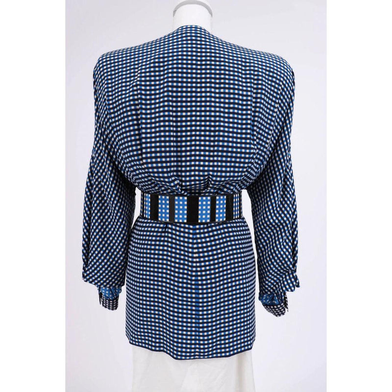 Pre-Owned GALANOS 1980's Black, Blue and White Check Patterned Silk Jacket |  L/XL - theREMODA