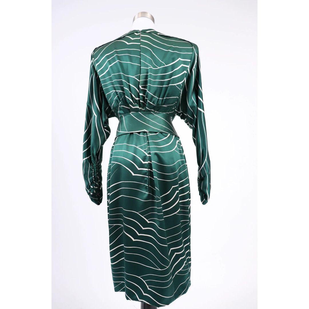 Pre-Owned GALANOS 1980's Emerald Green and White Striped Silk Satin Dress - theREMODA