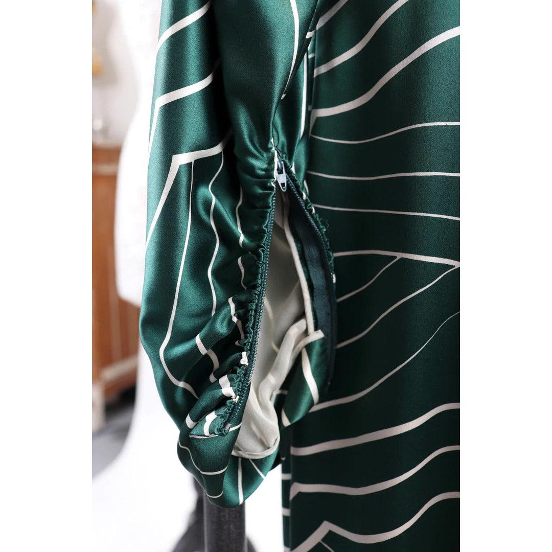 Pre-Owned GALANOS 1980's Emerald Green and White Striped Silk Satin Dress - theREMODA