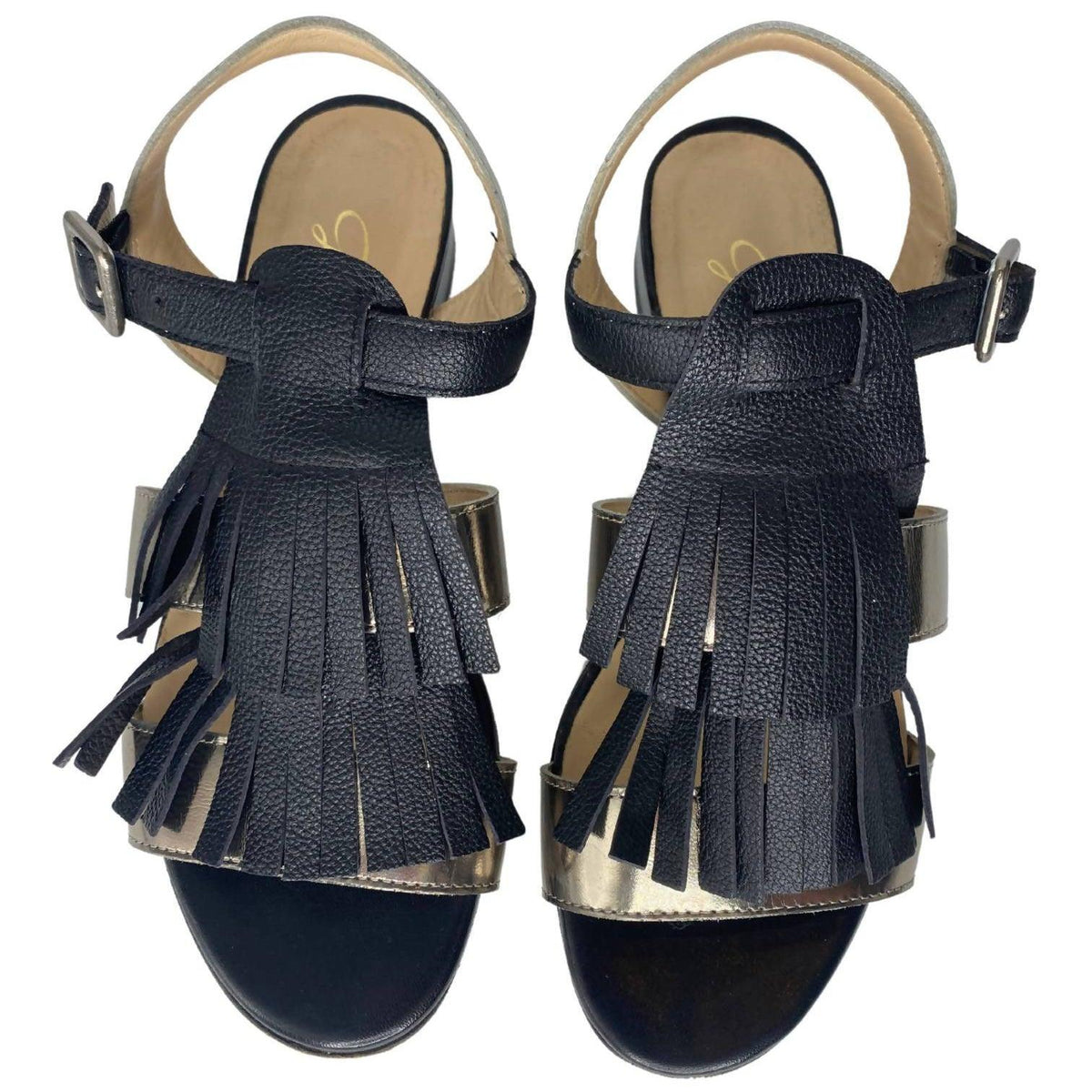 Pre-owned GRILLI Black & Metallic Gold Leather Tassel Sandals | Size US 8 - EU 38 - theREMODA
