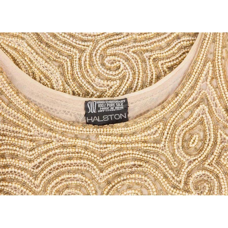 Pre-owned HALSTON 1970’s Gold Beaded & Pearl Organza Tunic Top - theREMODA