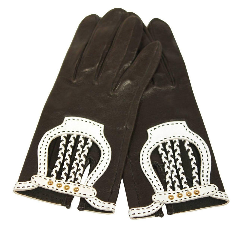Pre-Owned HERMES Black Leather Gloves with White Accents | Size 6 1/2 - theREMODA