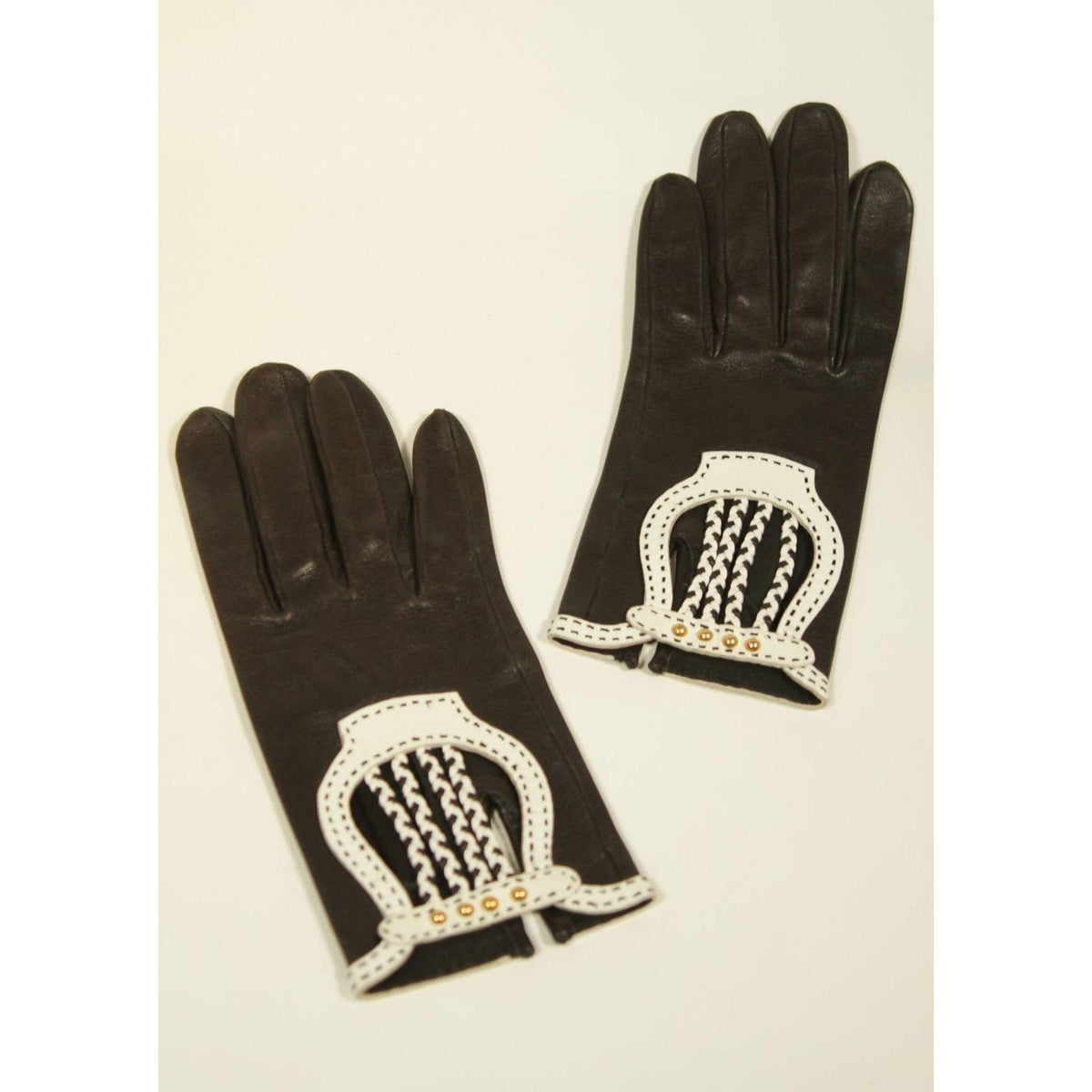 Pre-Owned HERMES Black Leather Gloves with White Accents | Size 6 1/2 - theREMODA