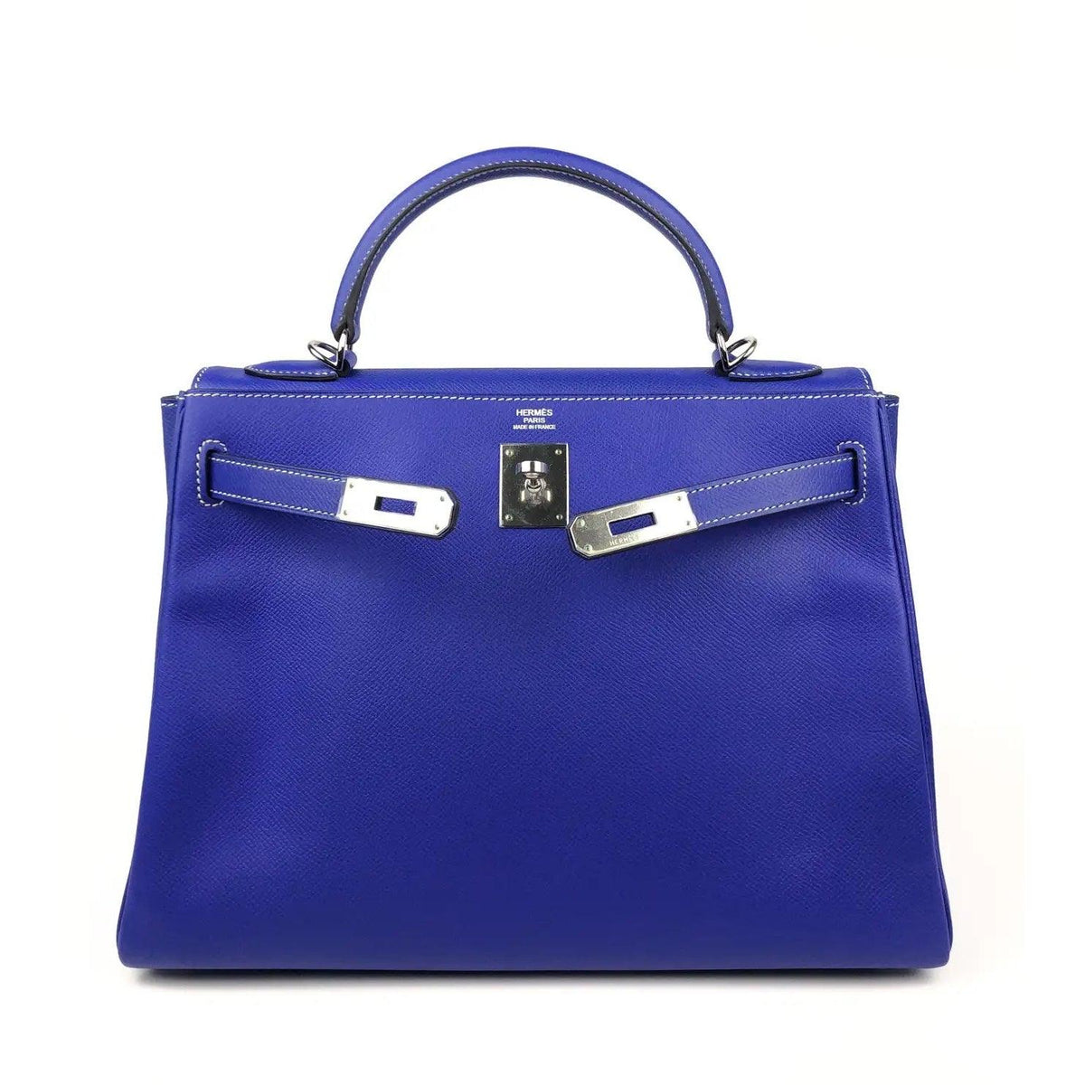 Full set Hermes Kelly Retourne 32 leather handbag in Blue Nuit