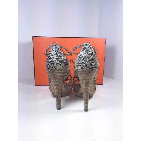 Pre-owned HERMES Lizard Granit Wooden Heels with Box | Size EUR 37.5 - US 7 - theREMODA