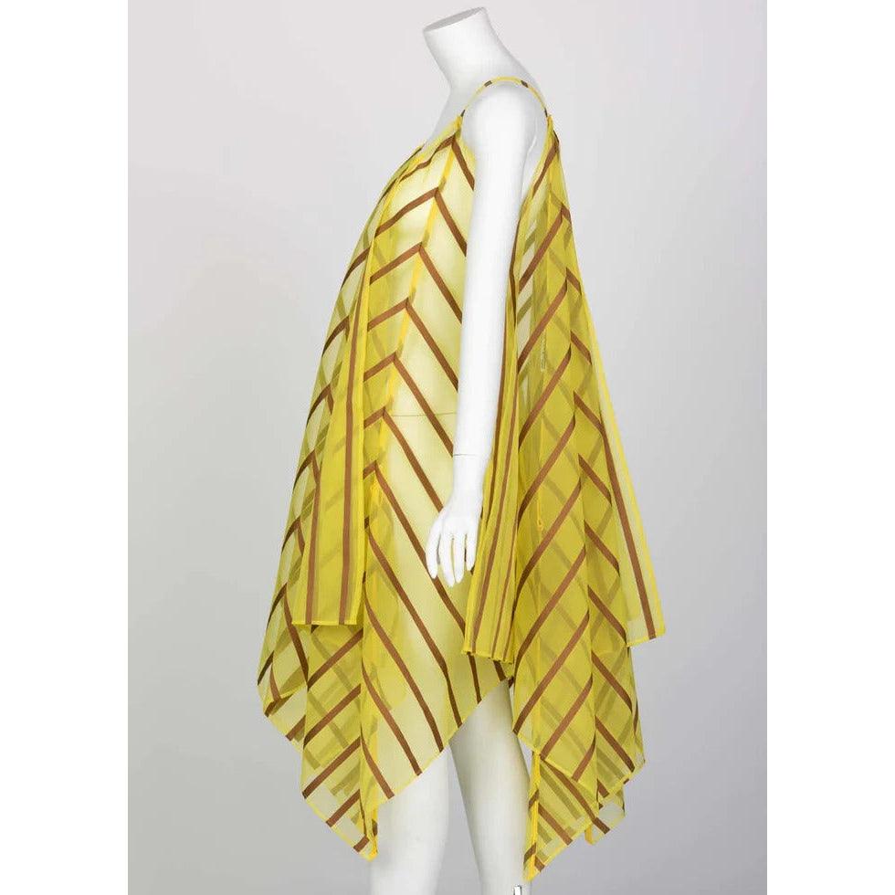Pre-Owned ISSEY MIYAKE Yellow Organza Brown Striped Handkerchief Dress | Small-Large - theREMODA