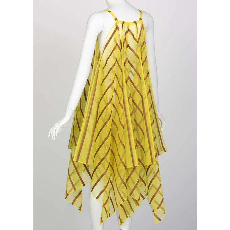 Pre-Owned ISSEY MIYAKE Yellow Organza Brown Striped Handkerchief Dress | Small-Large - theREMODA
