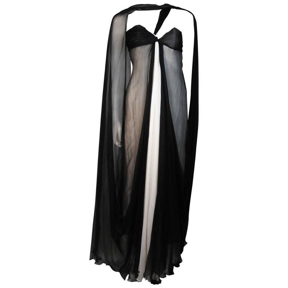 Pre-Owned JACQUELINE DE RIBES Silk Chiffon Black & Ivory Gown | Size 32 - theREMODA