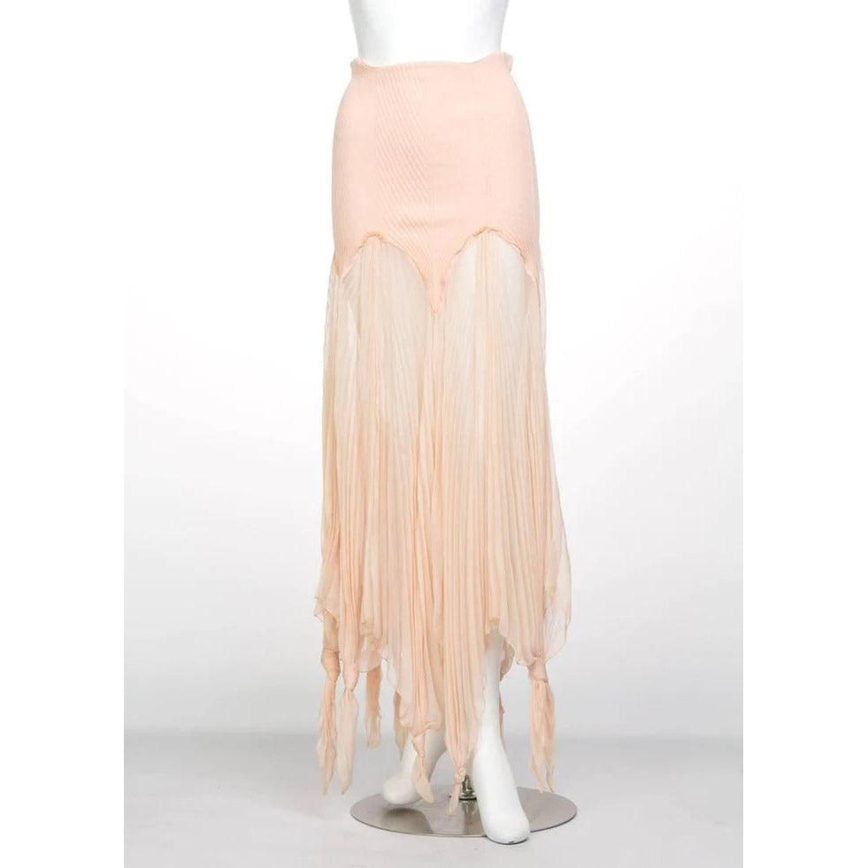 Pre-Owned JEAN PAUL GAULTIER Blush Crinkle Silk Chiffon Rib Knit Yoke Skirt, 2000s - theREMODA