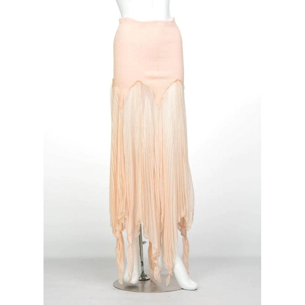 Jean Paul Gaultier Blush Crinkle Silk Chiffon Rib Knit Yoke Skirt