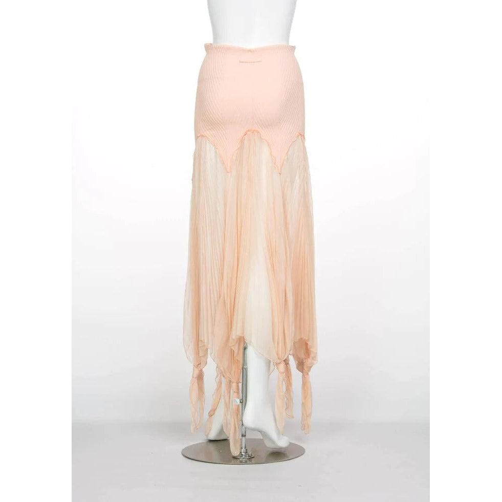 Pre-Owned JEAN PAUL GAULTIER Blush Crinkle Silk Chiffon Rib Knit Yoke Skirt, 2000s - theREMODA